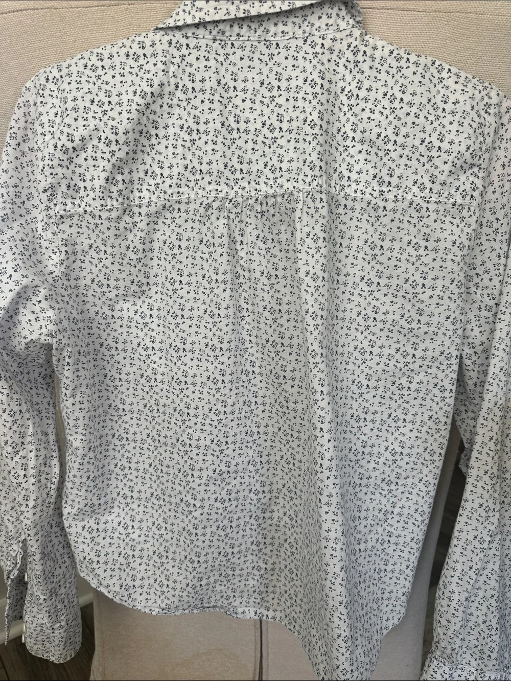 J. Crew White Shirt with Navy Micro Floral Tie Front